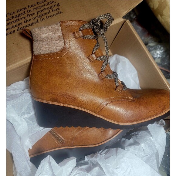 Women Ankle Boots Wedge Tan Leather look Brown Lace-up Life Stride Velocity sz 9 - Picture 5 of 11